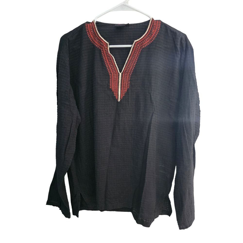 Kashish Women Black Embroidered Split Neck Long Sleeve Tunic Top Size 42 Boho